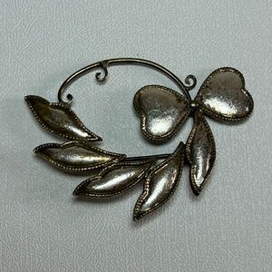 Antique Art Nouveau Brass Tone C Clasp Fastener Heart Bow Leaf Design Brooch Pin